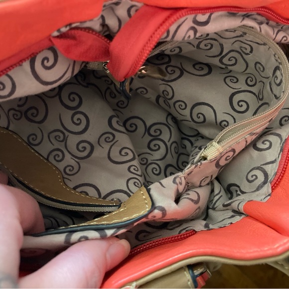 Coral & camel/tan, gold studded, purse. - Picture 10 of 14